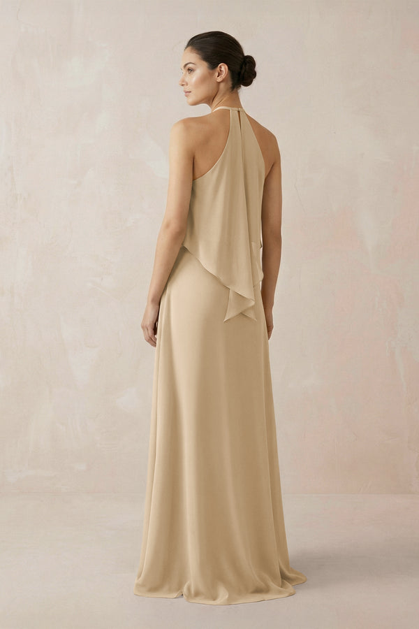 Champagne Halter Sheath Ruffled Chiffon Bridesmaid Dress (2) | KISSBRIDAL