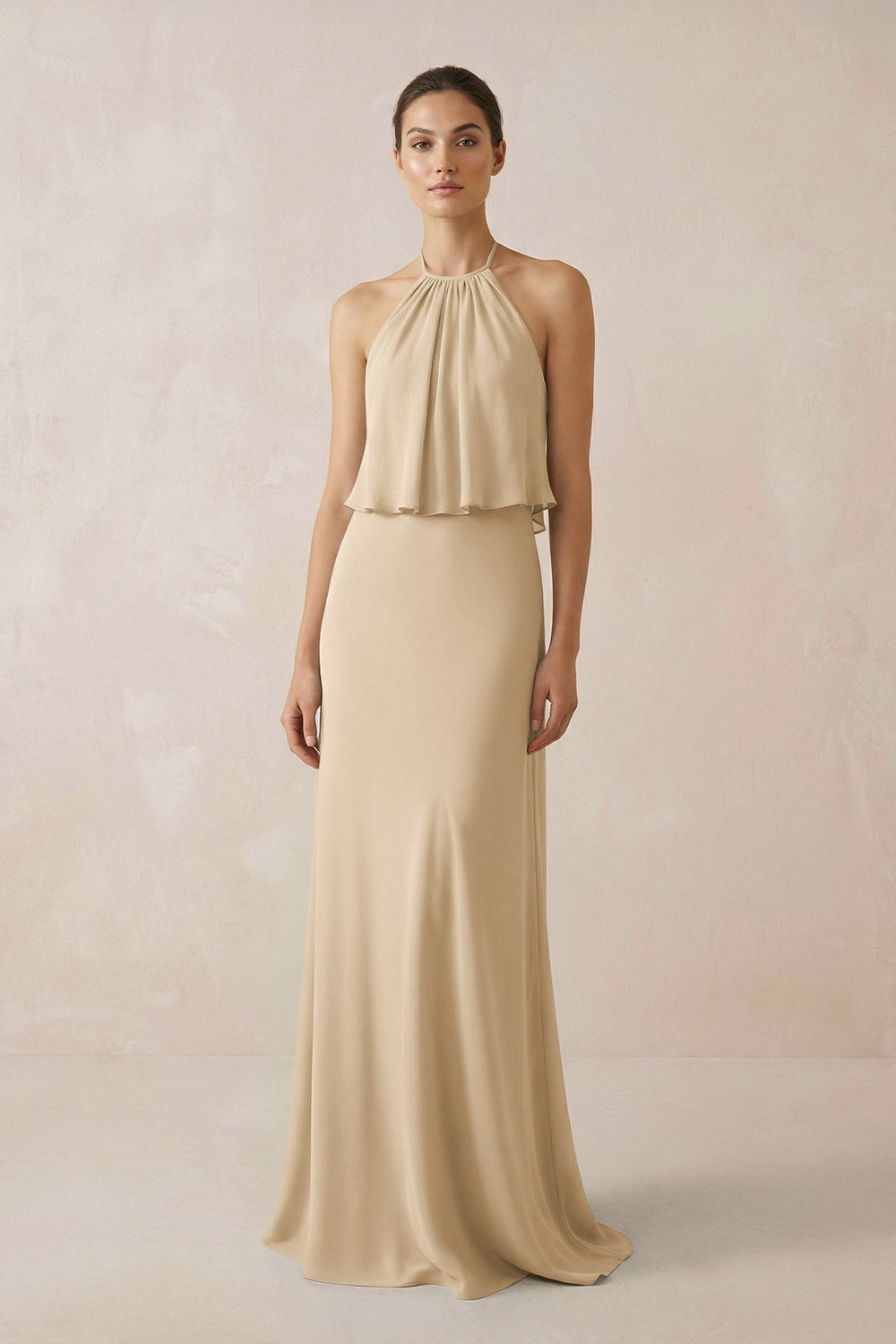 Halter Sheath Ruffled Chiffon Bridesmaid Dress in Champagne