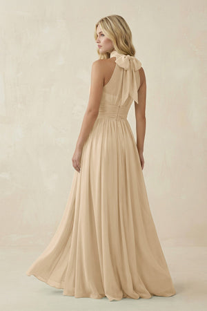 Champagne Illusion Halter A-Line Chiffon Bridesmaid Gown (2) | KISSBRIDAL