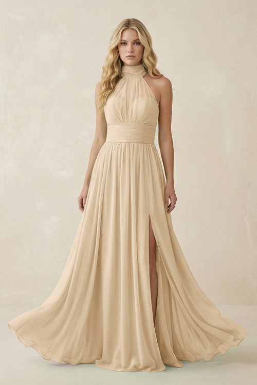 Champagne Illusion Halter A-Line Chiffon Bridesmaid Gown | KISSBRIDAL