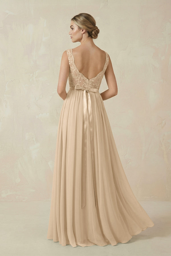 Champagne Lace A-Line Bateau Neck Chiffon Long Bridesmaid Dress (2) | KISSBRIDAL