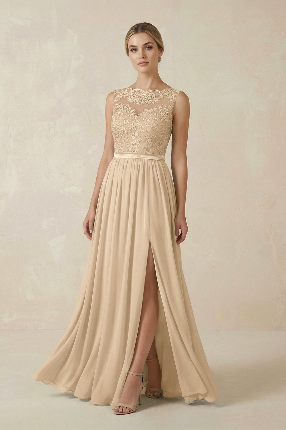 Lace A-Line Bateau Neck Chiffon Long Bridesmaid Dress in Champagne