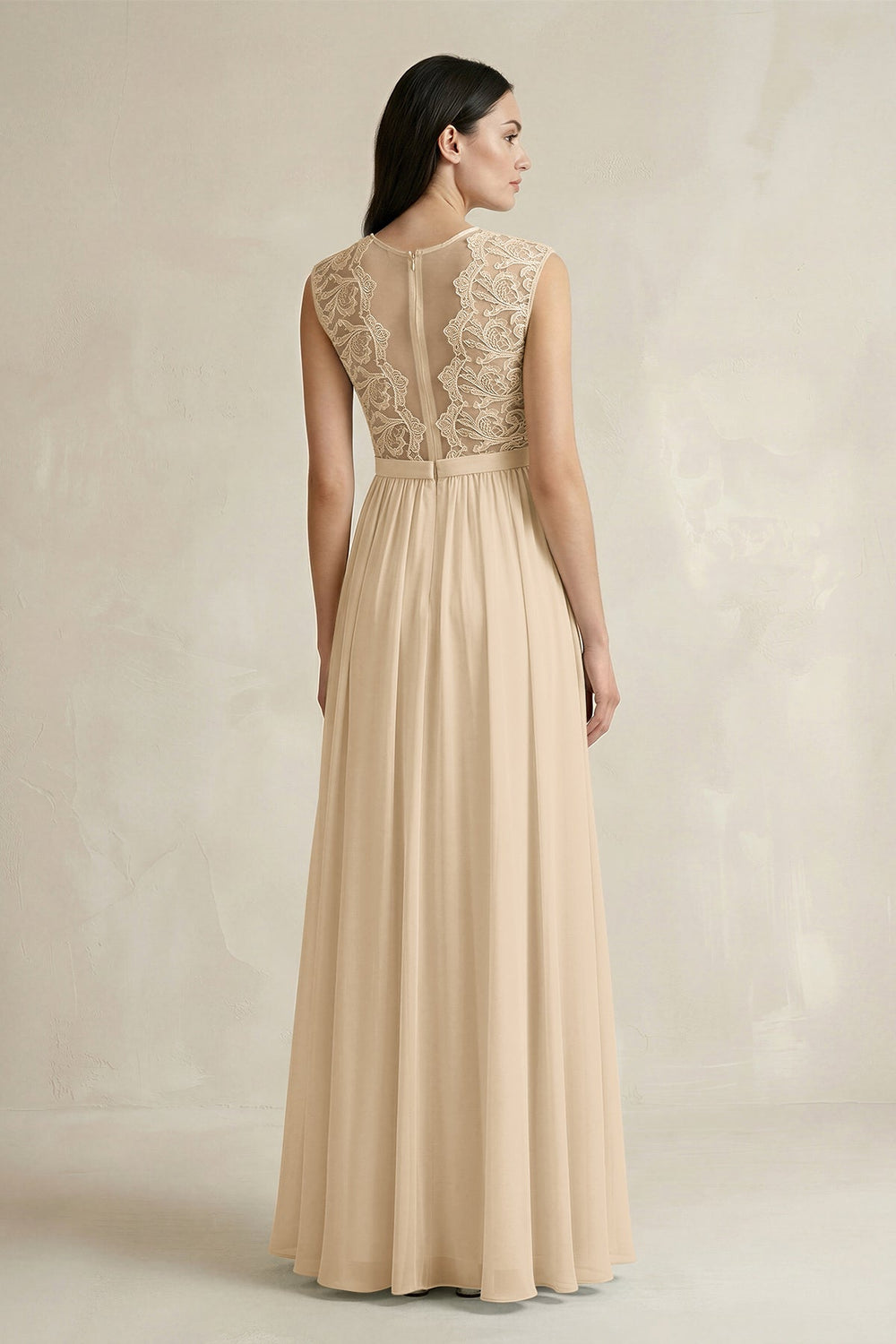 Lace Chiffon A-Line Round Neck Bridesmaid Dress in Champagne