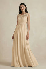 Champagne Lace Chiffon A-Line Round Neck Bridesmaid Dress | KISSBRIDAL