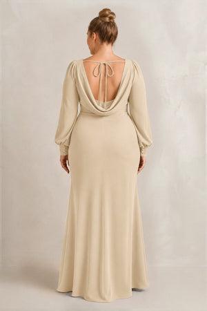 Champagne Long Sleeve V-Neck Sheath Chiffon Bridesmaid Dress (2) [sizeplus] | KISSBRIDAL