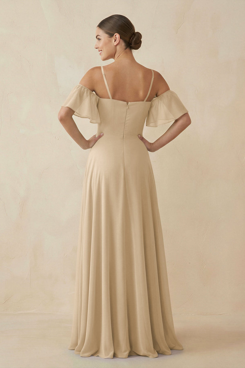 Off-the-Shoulder A-Line Chiffon Bridesmaid Dress in Champagne