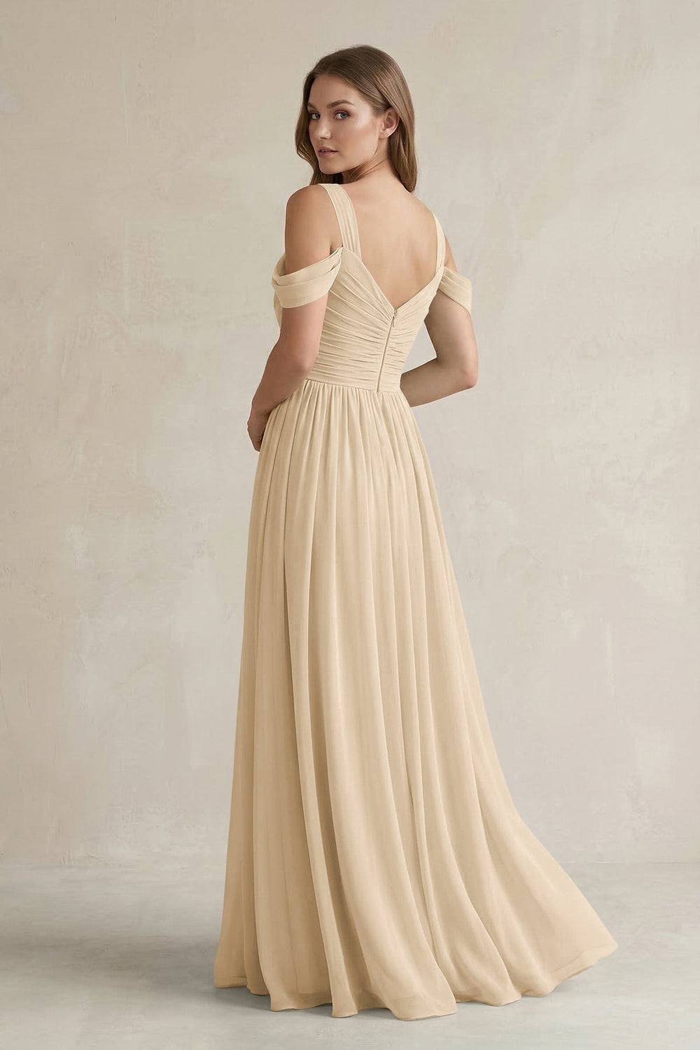 Off-the-Shoulder A-Line Chiffon Bridesmaid Dress With Slit in Champagne