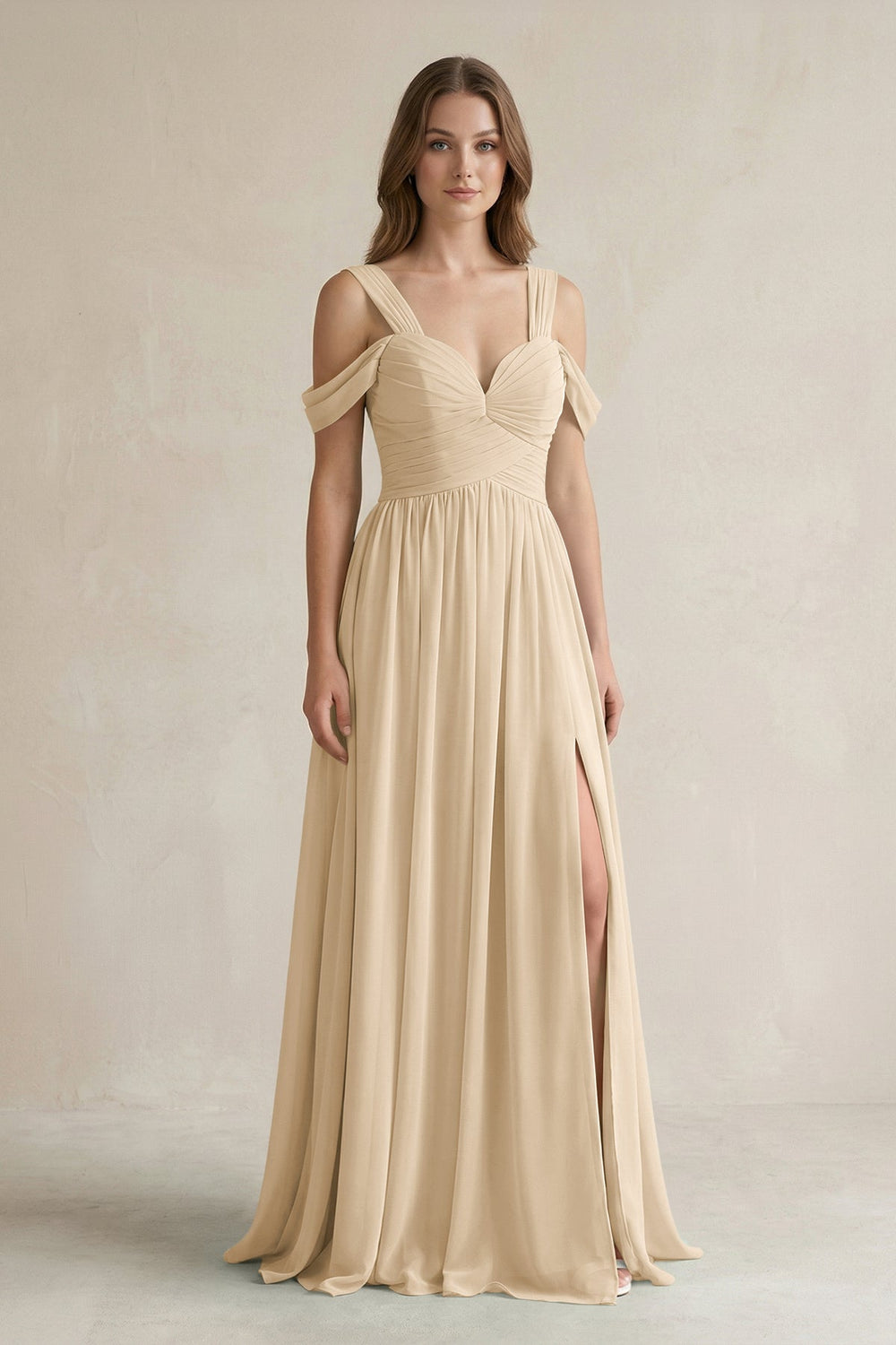 Off-the-Shoulder A-Line Chiffon Bridesmaid Dress With Slit in Champagne
