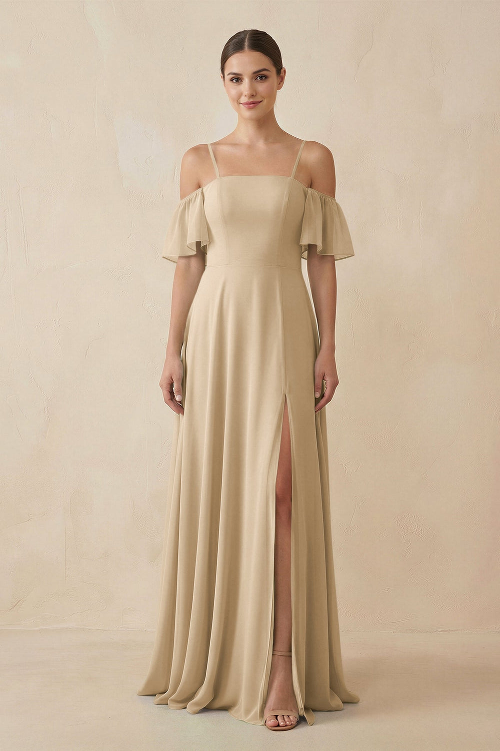 Off-the-Shoulder A-Line Chiffon Bridesmaid Dress in Champagne