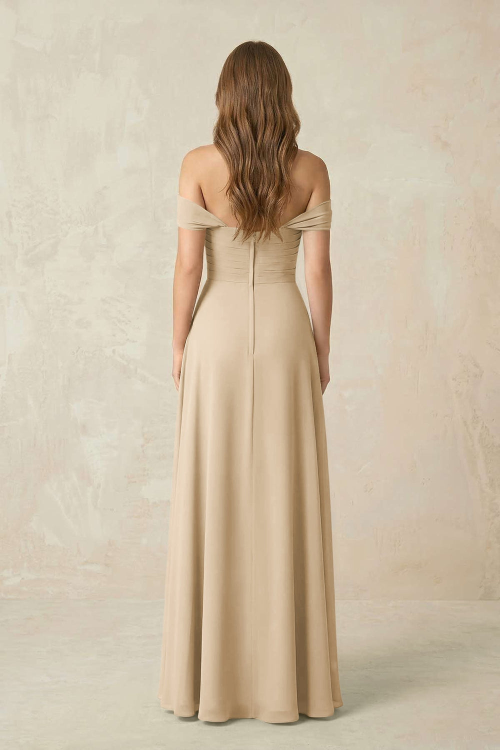 Off-the-Shoulder A-Line Chiffon Pleated Bridesmaid Dress in Champagne