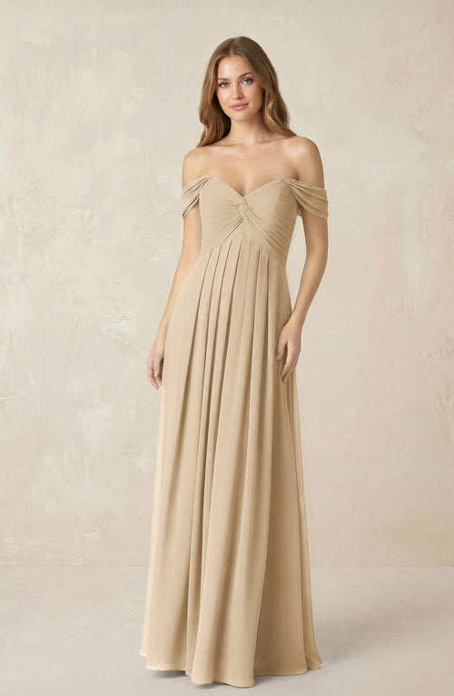 Champagne Off-the-Shoulder A-Line Chiffon Pleated Bridesmaid Dress | KISSBRIDAL