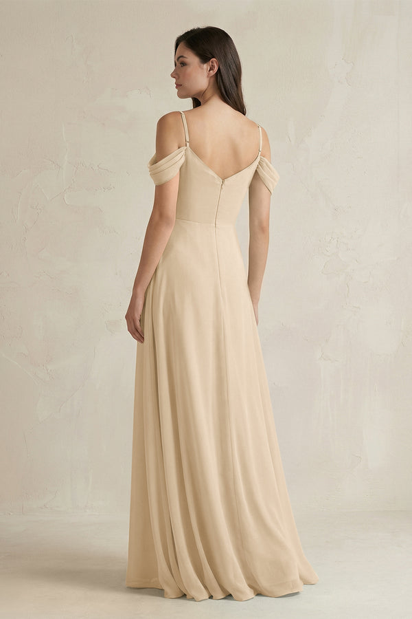 Champagne Off-the-Shoulder Chiffon A-Line Bridesmaid Dress (2) | KISSBRIDAL