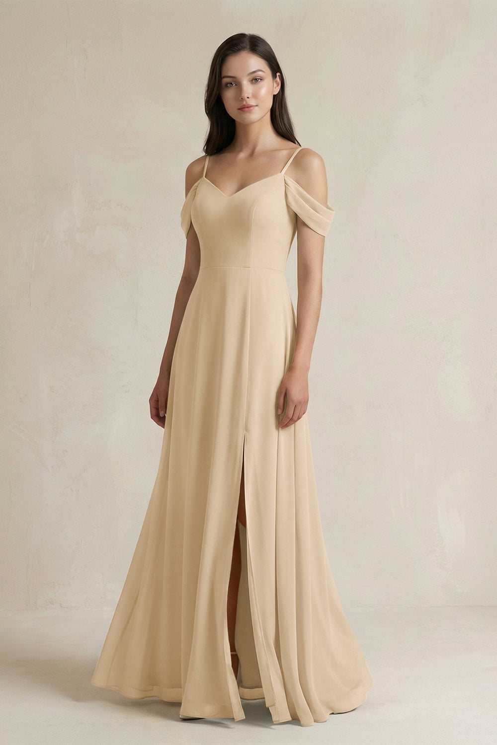 Off-the-Shoulder Chiffon A-Line Bridesmaid Dress in Champagne