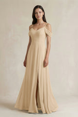 Champagne Off-the-Shoulder Chiffon A-Line Bridesmaid Dress | KISSBRIDAL