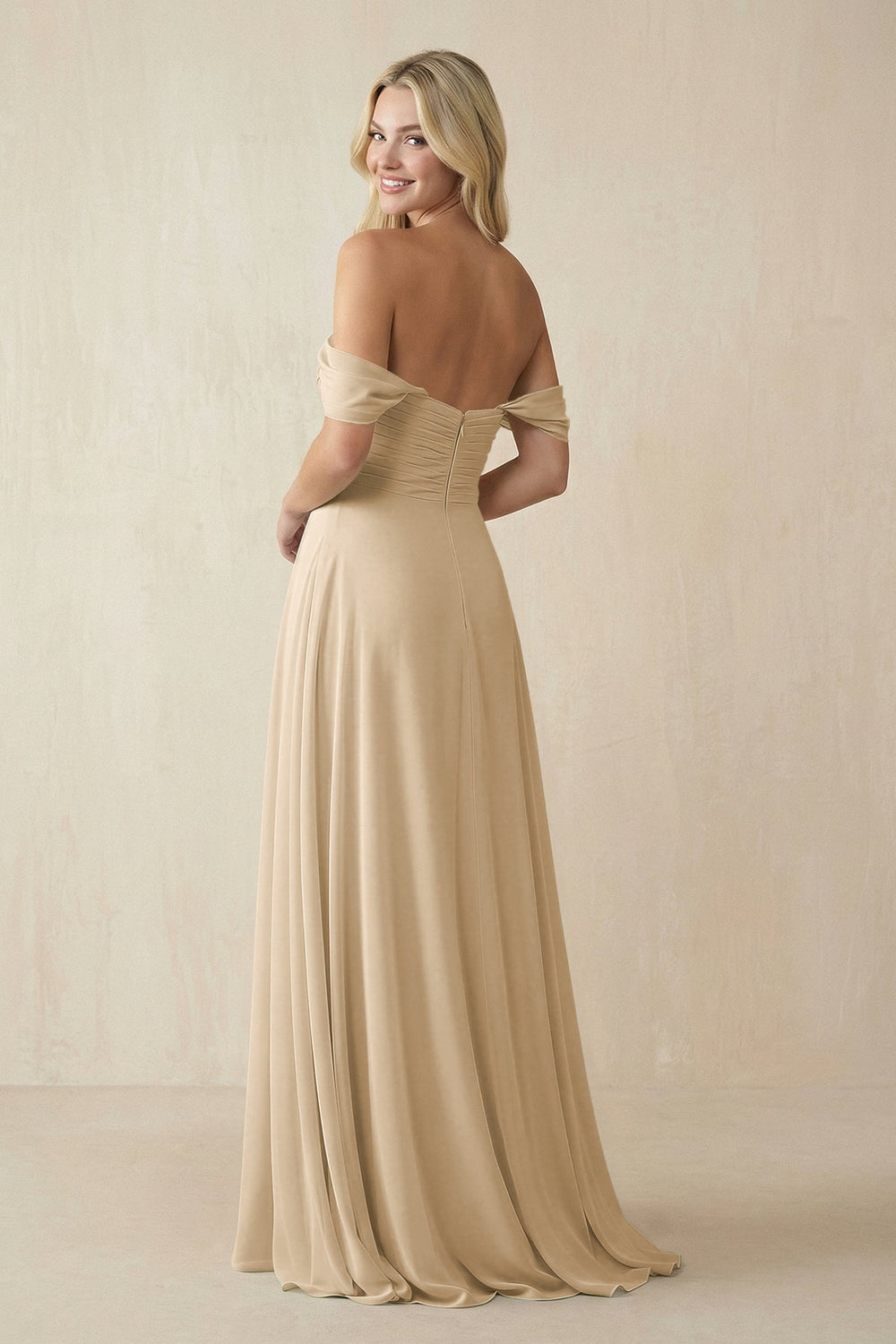 Off-the-Shoulder Chiffon A-Line Long Bridesmaid Dress in Champagne