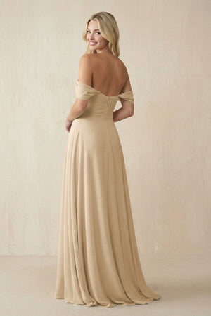 Champagne Off-the-Shoulder Chiffon A-Line Long Bridesmaid Dress (2) | KISSBRIDAL