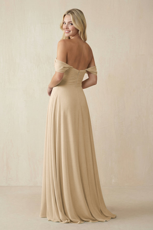 Champagne Off-the-Shoulder Chiffon A-Line Long Bridesmaid Dress (2) | KISSBRIDAL