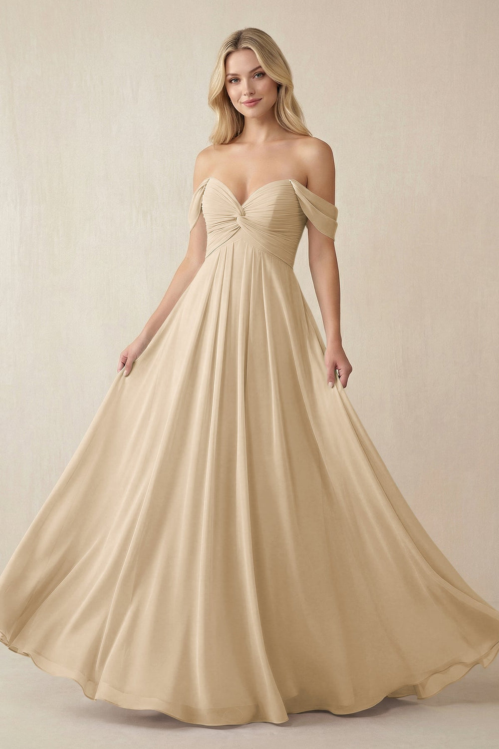 Off-the-Shoulder Chiffon A-Line Long Bridesmaid Dress in Champagne
