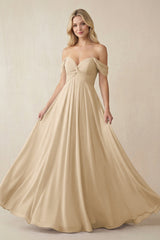 Champagne Off-the-Shoulder Chiffon A-Line Long Bridesmaid Dress | KISSBRIDAL