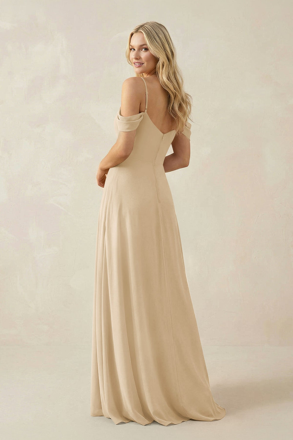 Off-the-Shoulder Chiffon A-Line Maxi Bridesmaid Dress in Champagne