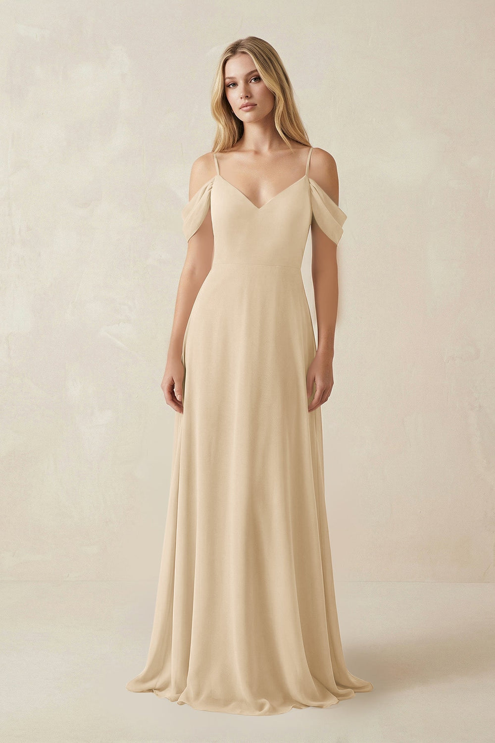 Off-the-Shoulder Chiffon A-Line Maxi Bridesmaid Dress in Champagne