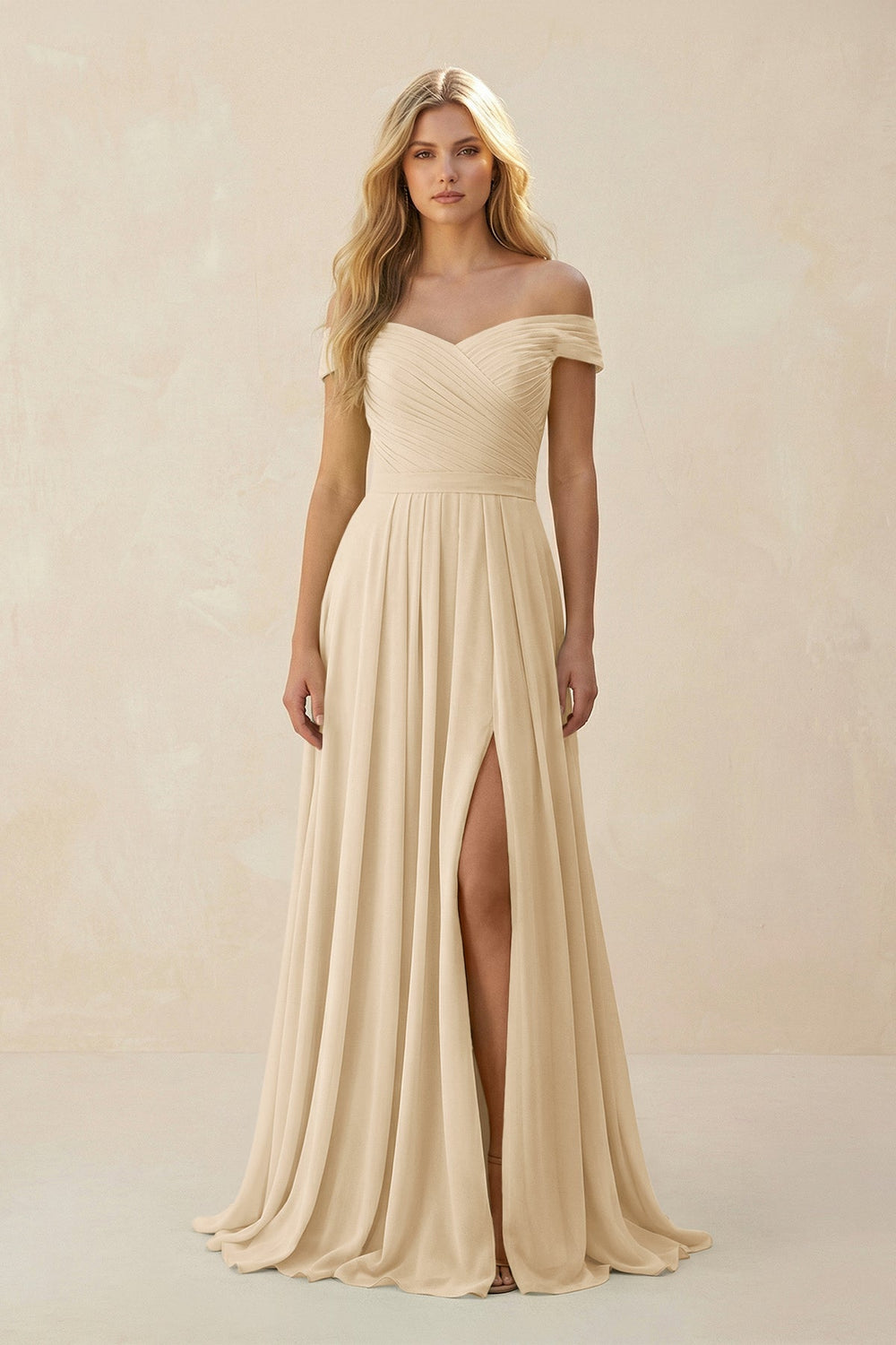 Off-the-Shoulder Pleated A-Line Chiffon Bridesmaid Dress in Champagne