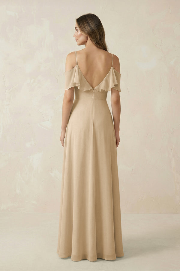 Champagne Off-the-Shoulder Ruffled A-Line Chiffon Bridesmaid Dress (2) | KISSBRIDAL