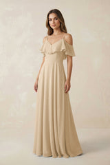 Champagne Off-the-Shoulder Ruffled A-Line Chiffon Bridesmaid Dress | KISSBRIDAL