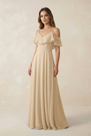 Champagne Off-the-Shoulder Ruffled A-Line Chiffon Bridesmaid Dress | KISSBRIDAL
