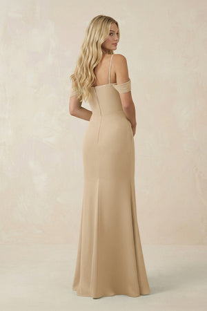 Champagne Off-the-Shoulder Sheath Chiffon Ruched Bridesmaid Dress (2) | KISSBRIDAL
