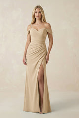 Champagne Off-the-Shoulder Sheath Chiffon Ruched Bridesmaid Dress | KISSBRIDAL