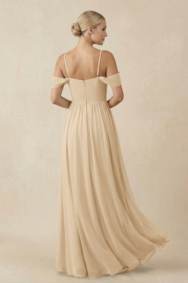 Champagne Off-the-Shoulder Sweetheart A-Line Chiffon Bridesmaid Dress (2) | KISSBRIDAL