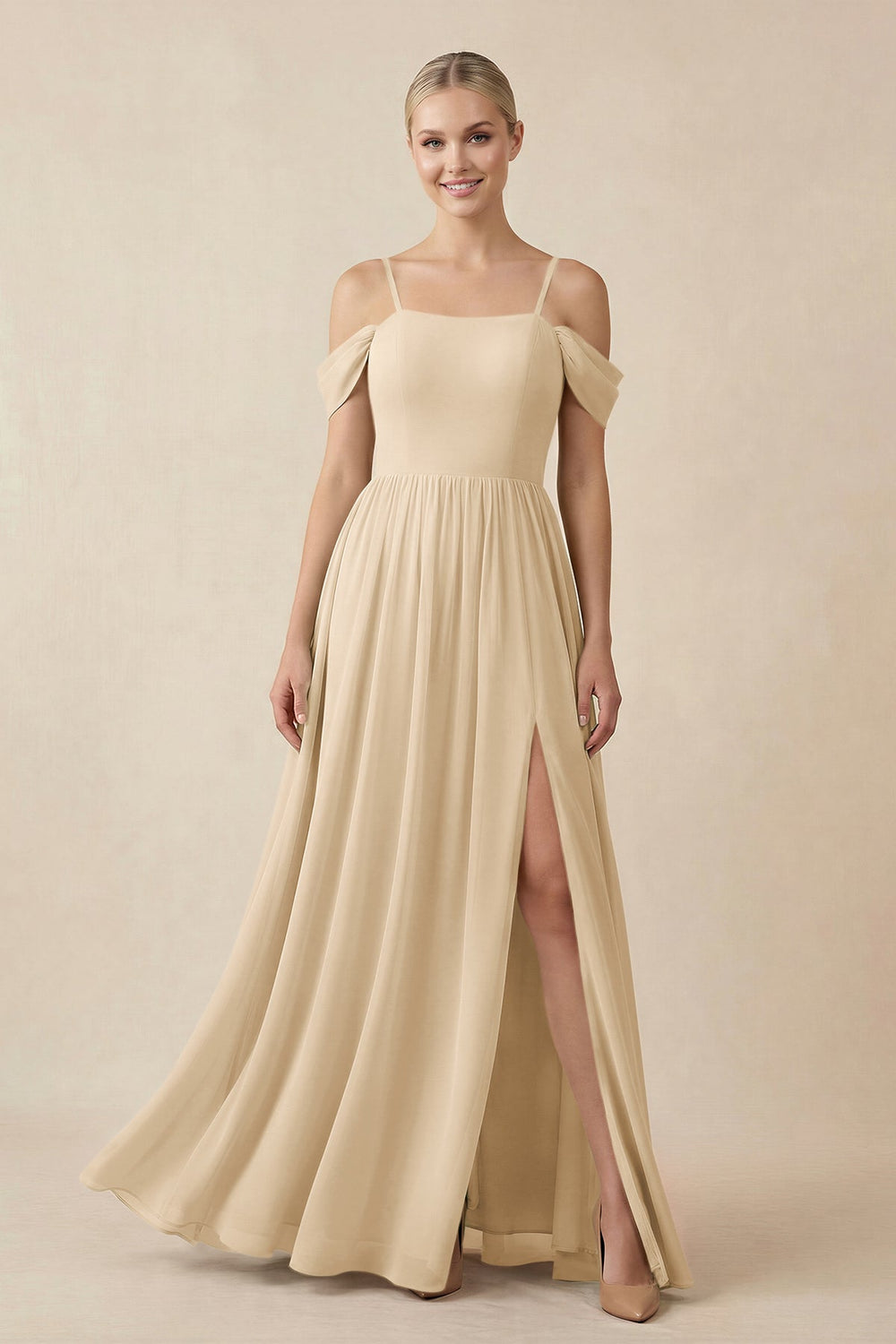 Off-the-Shoulder Sweetheart A-Line Chiffon Bridesmaid Dress in Champagne