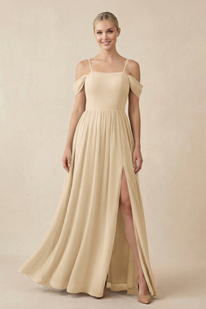 Champagne Off-the-Shoulder Sweetheart A-Line Chiffon Bridesmaid Dress | KISSBRIDAL