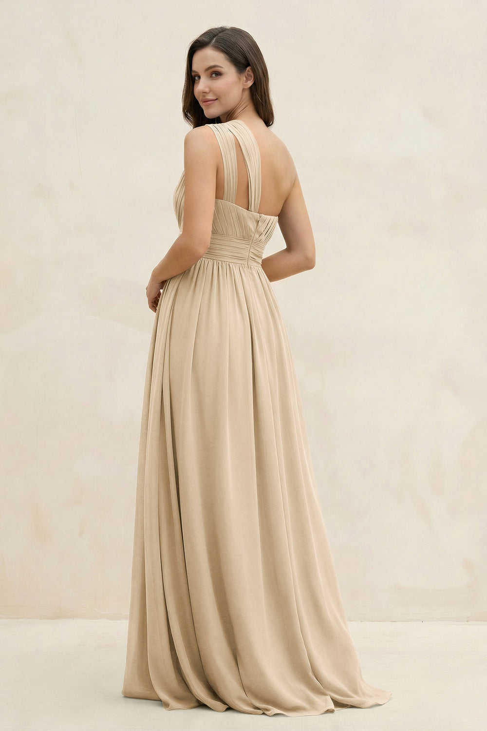 One-Shoulder Pleated A-Line Chiffon Bridesmaid Dress in Champagne
