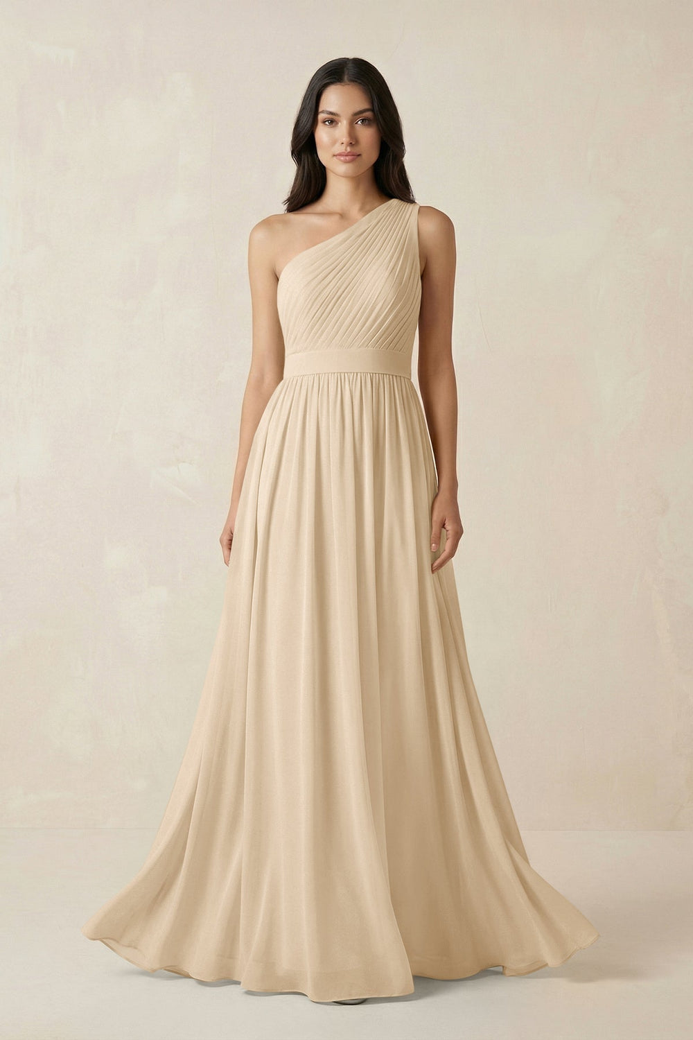 One-Shoulder Pleated Chiffon Bridesmaid Gown in Champagne