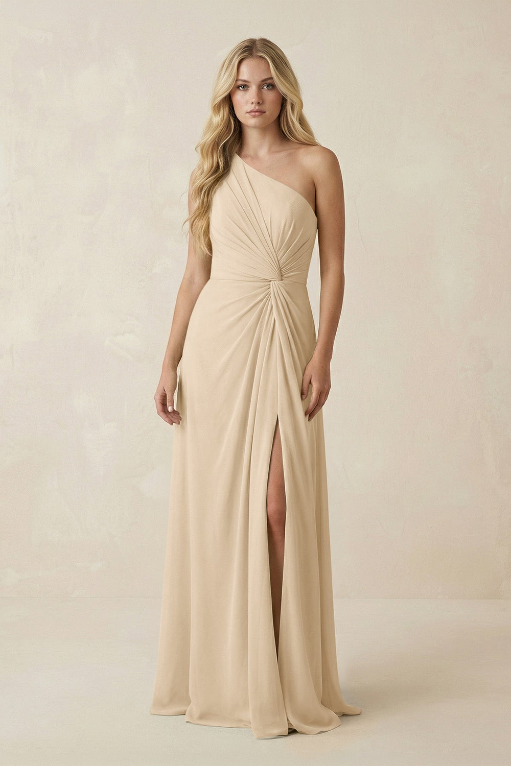 One-Shoulder Ruched A-Line Chiffon Bridesmaid Dress in Champagne
