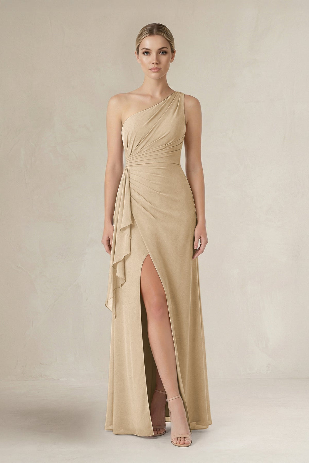 One-Shoulder Sheath Ruched Ruffled Bridesmaid Dress in Champagne