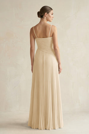 Champagne Pleated A-Line Long Chiffon Bridesmaid Dress (2) | KISSBRIDAL