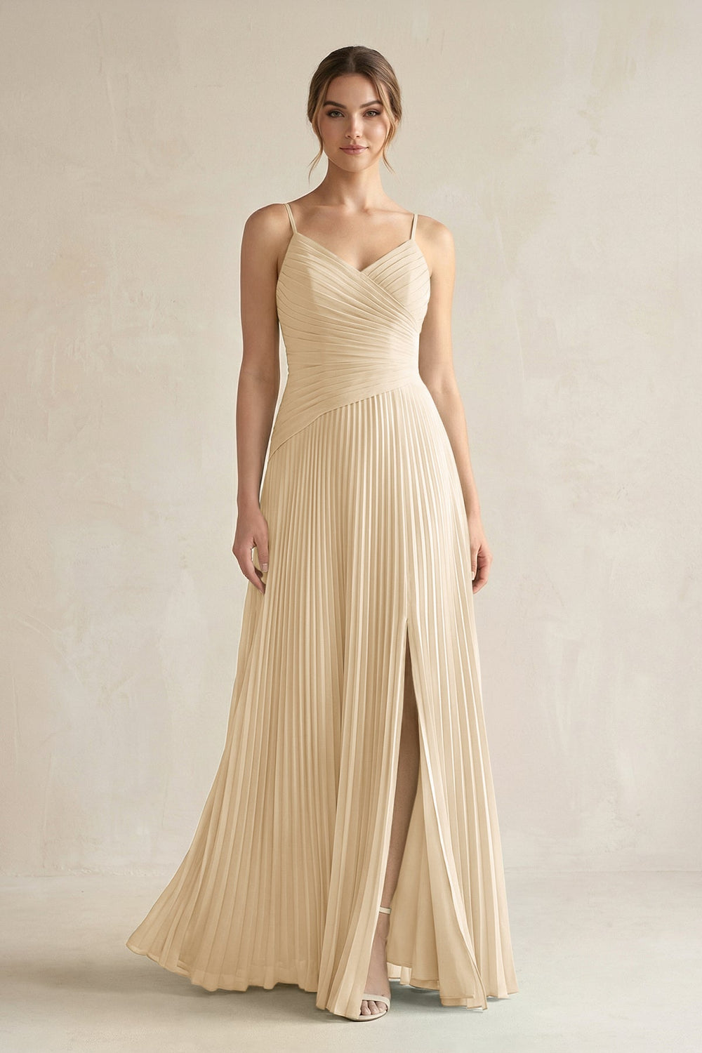 Pleated A-Line Long Chiffon Bridesmaid Dress in Champagne