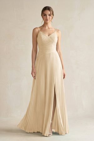 Champagne Pleated A-Line Long Chiffon Bridesmaid Dress | KISSBRIDAL