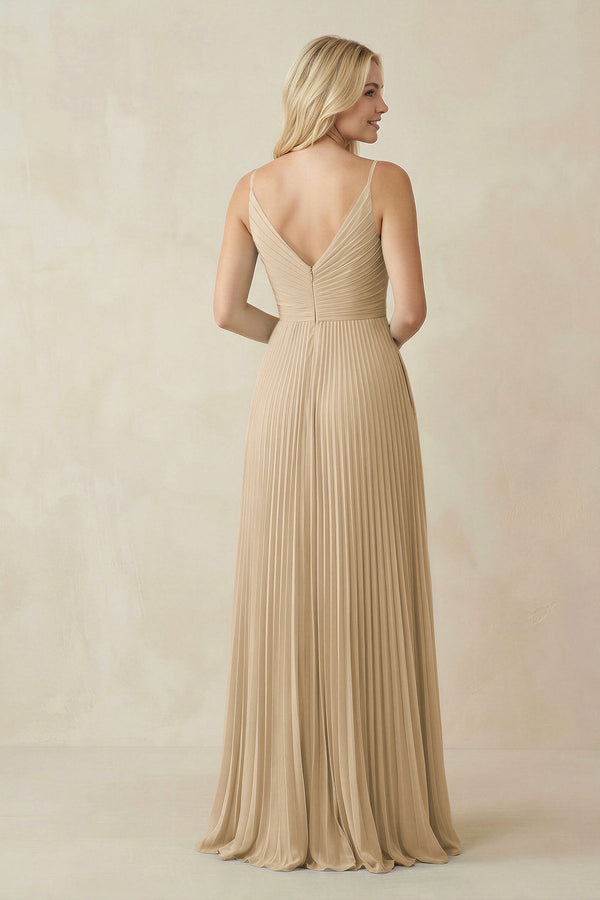 Champagne Pleated V-Neck A-Line Chiffon Bridesmaid Dress (2) | KISSBRIDAL