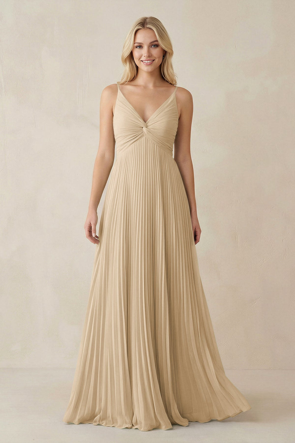 Pleated V-Neck A-Line Chiffon Bridesmaid Dress in Champagne