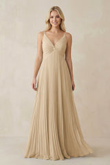 Champagne Pleated V-Neck A-Line Chiffon Bridesmaid Dress | KISSBRIDAL
