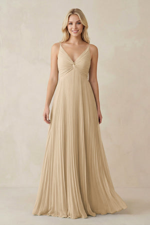 Champagne Pleated V-Neck A-Line Chiffon Bridesmaid Dress | KISSBRIDAL