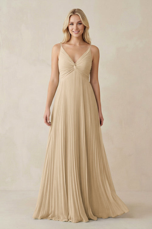 Champagne Pleated V-Neck A-Line Chiffon Bridesmaid Dress | KISSBRIDAL