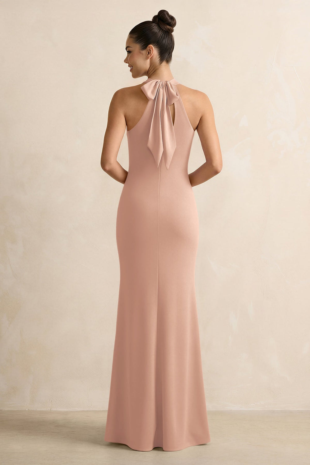 Crisscross Halter Sheath Satin Bridesmaid Dress with Bow in Champagne Rose