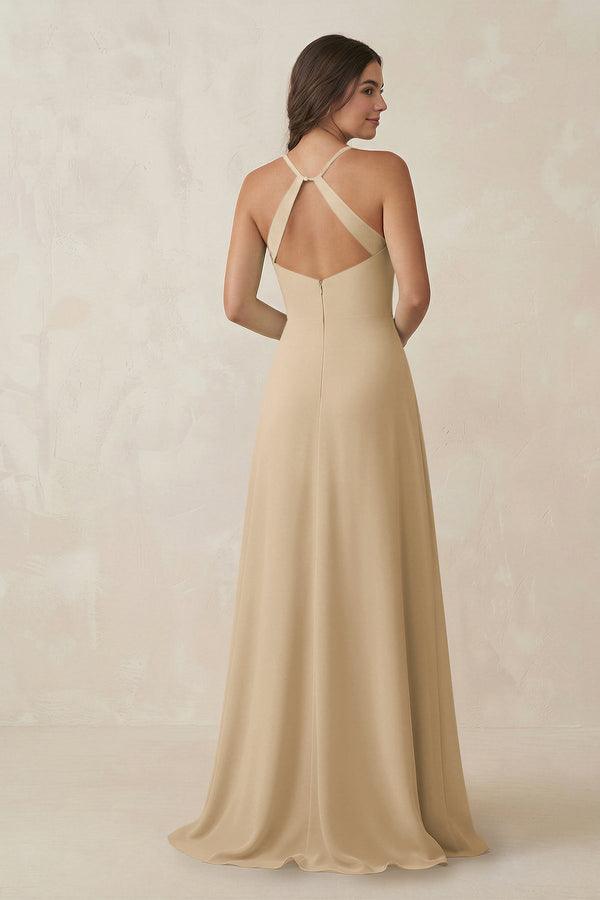 Champagne Ruched Sheath Chiffon Bridesmaid Dress (2) | KISSBRIDAL