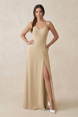 Champagne Ruched Sheath Chiffon Bridesmaid Dress | KISSBRIDAL