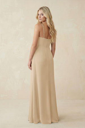 Champagne Ruched Sheath Spaghetti Strap Chiffon Bridesmaid Dress (2) | KISSBRIDAL